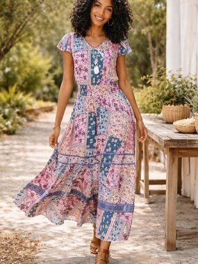 Matilda Jane Wildlife Maxi Dress Pink Teal Floral Boho Patchwork Women's Size XL